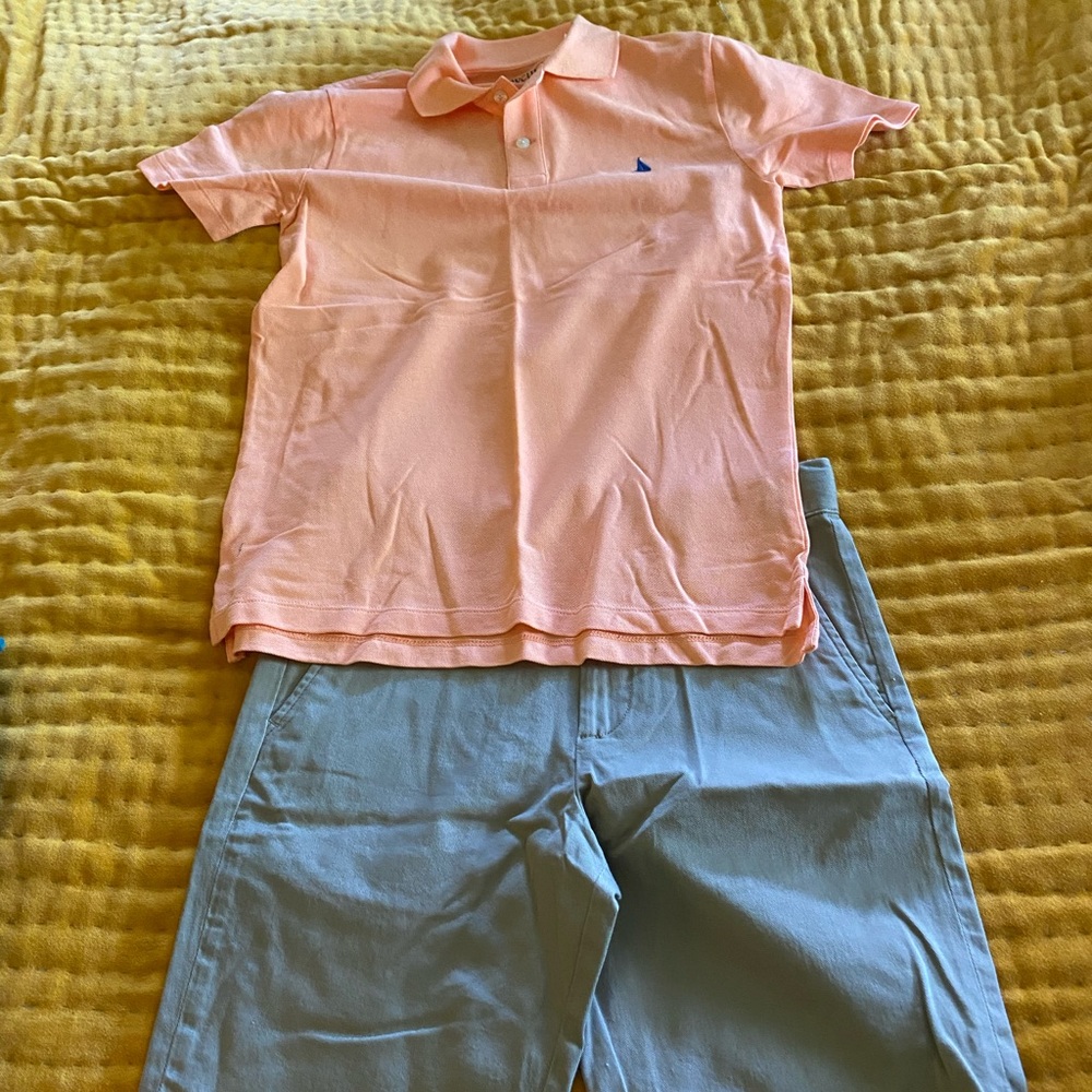 Orange polo and khaki shorts